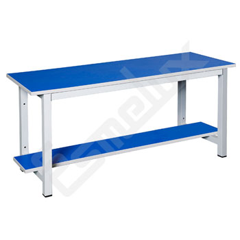 Banco de vestuario inox con tablero azul y repisa inferior