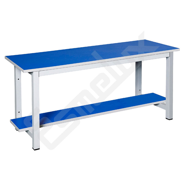 Banco de vestuario inox con tablero azul y repisa inferior