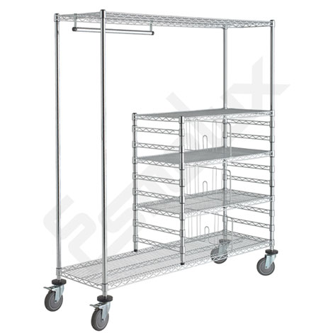 Carro de acero cromado para textiles. Con barra portaperchas y estantes interiores