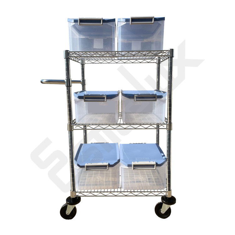 Carro de cromo 3 estantes 6 cajas de pl�stico.