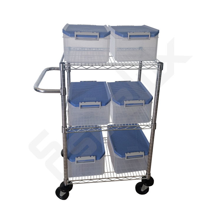 Carro de acero cromado con asa y 3 estantes con 6 cajas pl�sticas