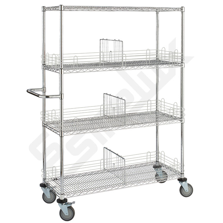 Carro de acero cromado para distribuci�n de productos con 4 niveles. Con asa y 3 estantes con separador interior y cierres laterales