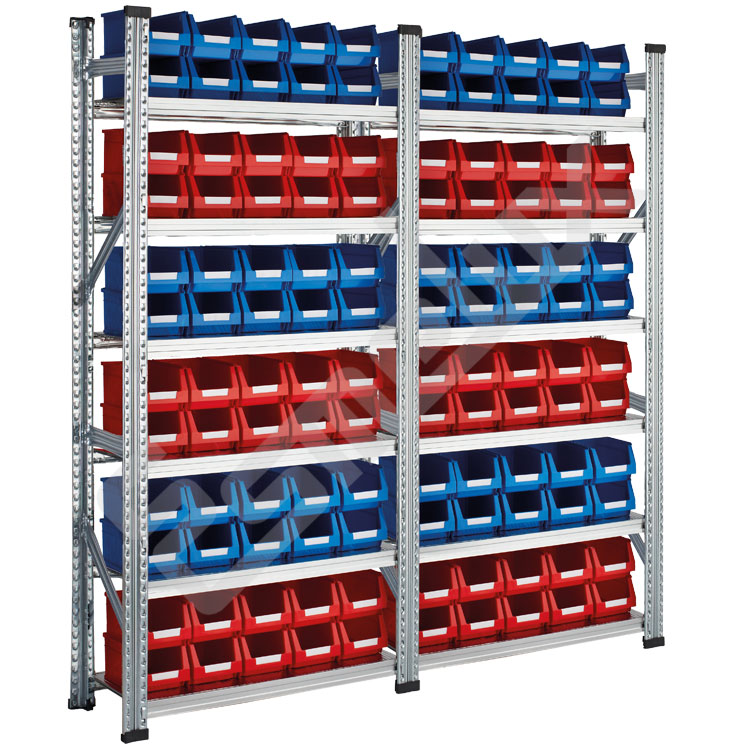 Doble estanter�a met�lica con 12 estantes para colocar gavetas apilables en doble hilera. 120 gavetas incluidas