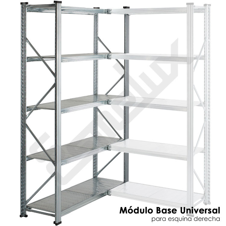 Ref. 1103002.Estanterías metálicas galvanizadas para esquina. Para máximo aprovechamiento del espacio. Con 5 estantes por módulo y una altura de 2000 mm. Elija entre módulos a derecha o izquierda. Módulo base universal para esquina derecha que permite acoplar un módulo adicional