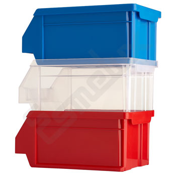 Visi�n lateral de 3 gavetas apiladas en color rojo, transparente y azul