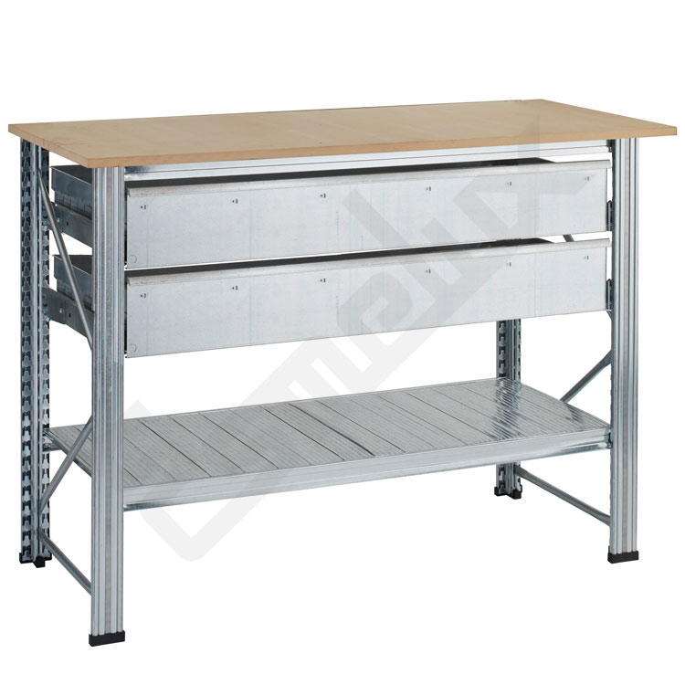 Mesa de trabajo con estructura galvanizada y encimera DM. Incluye 2 cajones extra�bles altos y 1 estante inferior