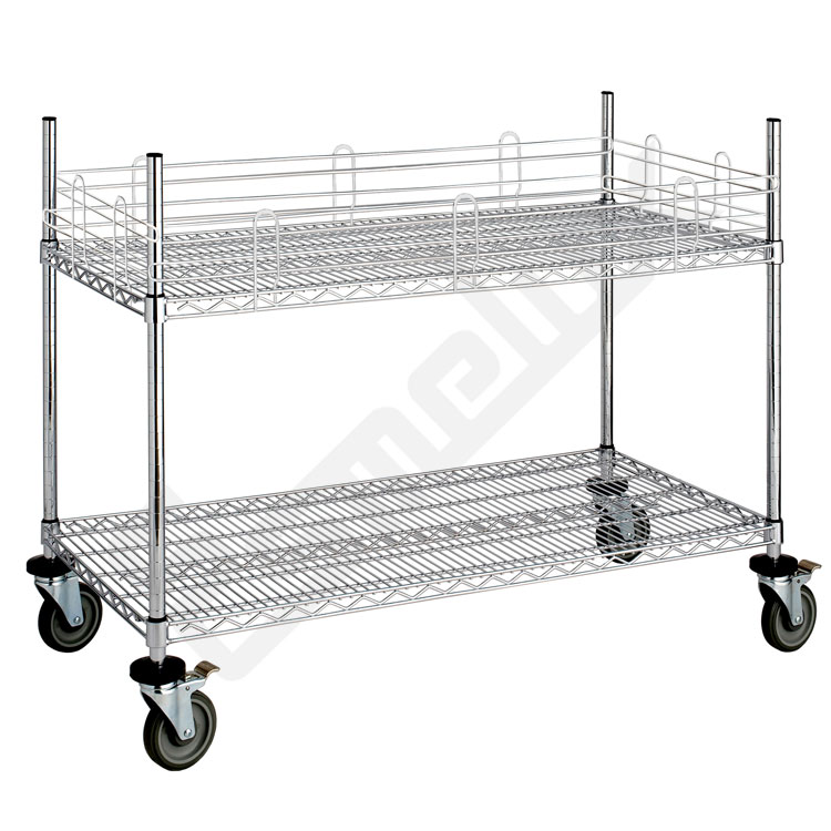 Mesita cromada con ruedas de 125 mm de di�metro, 2 estantes de varilla (topes laterales para un estante)