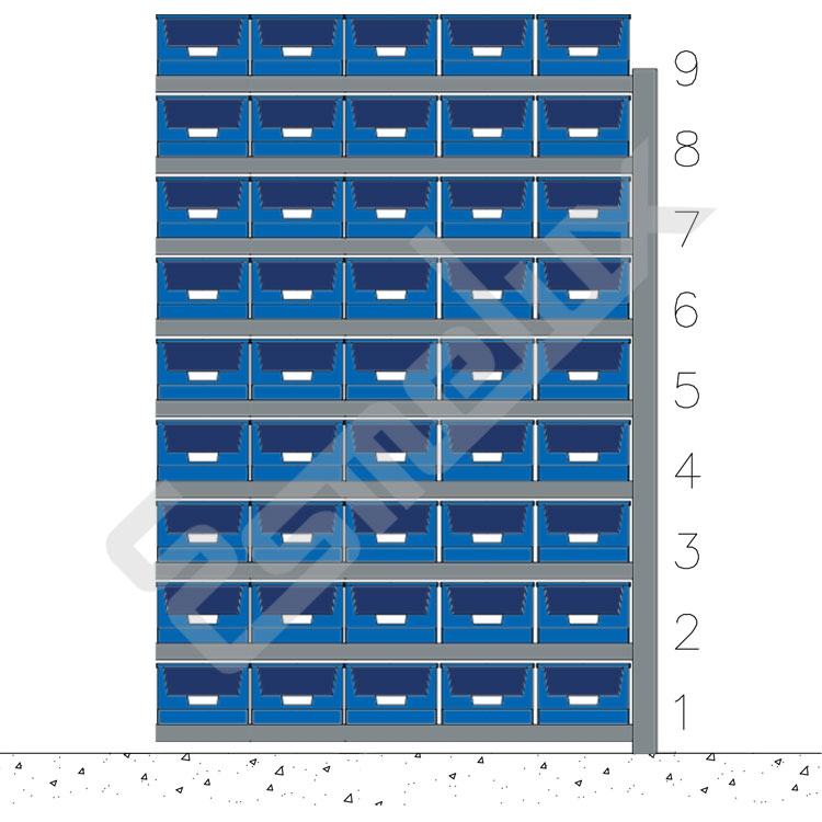 Estanter�a met�lica modular profesional con 9 estantes y 45 gavetas pl�sticas de polipropileno
