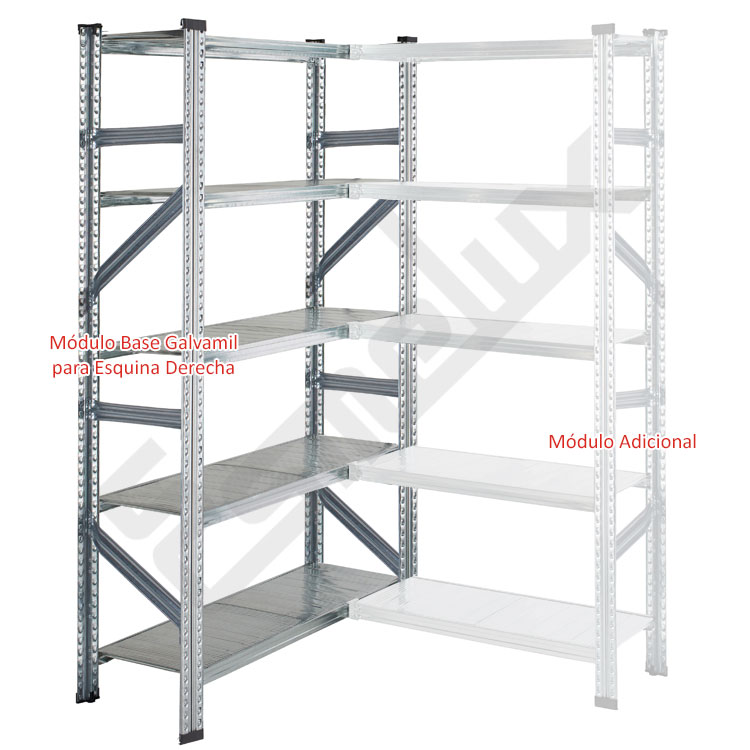 Estanter�a met�lica esquinera. M�dulo base universal para esquina derecha con 5 estantes