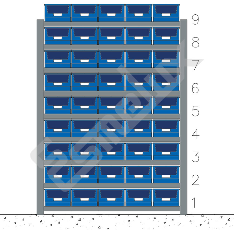Estanter�a con gavetas. 9 baldas met�licas para almacenar hasta 45 gavetas del n� 56