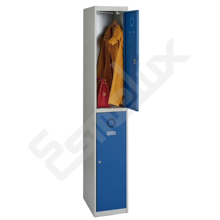 Taquilla de 2 x 1 puertas para vestuarios con cerradura de llave. Cuerpo en gris y puertas en azul