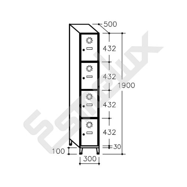 Dimensiones del modelo de 4 x 1 puertas (ancho de puerta 300 mm)