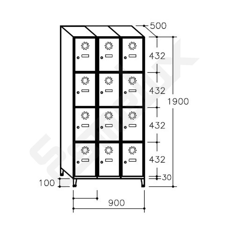 Dimensiones del modelo de 4 x 3 puertas de las taquillas para vestuarios Megablok