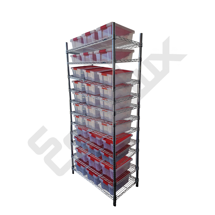 estanteria cromo cajas rojas