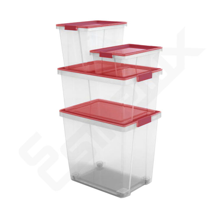 Pequeña Caja De Plástico Transparente Con Tapa Roja Imagen de