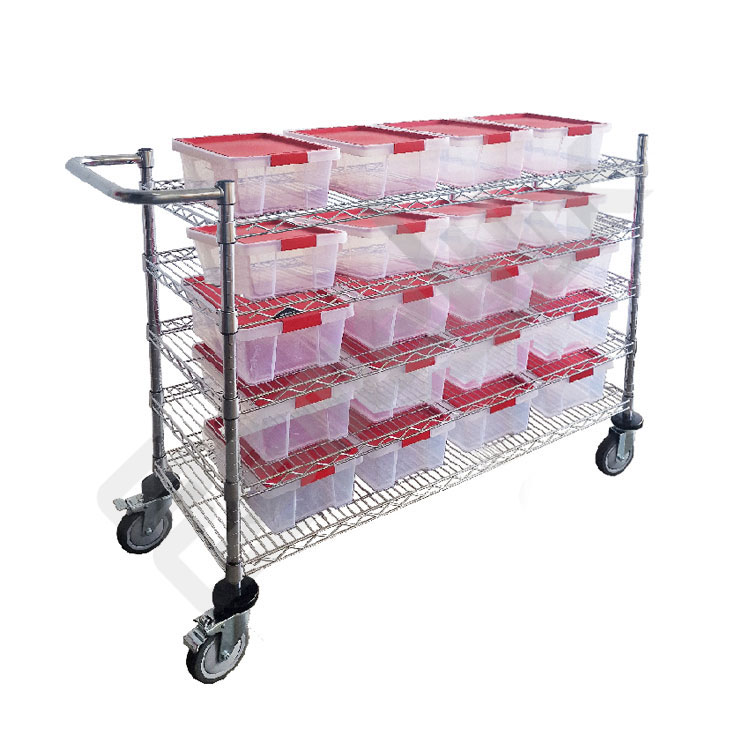 Carro cromado con 5 estantes de varilla y cajas organizadoras con cuerpo transparente y tapa roja