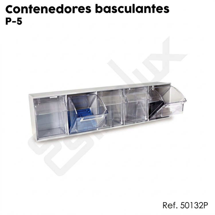 Conjunto de 5 contenedores basculantes en polipropileno transparente. Medidas: 600 x 133 x 164 mm