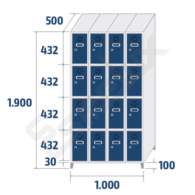 Medidas del bloque de taquillas Megablok en su modelo 4 x 4 puertas (ancho de puerta de 250 mm)