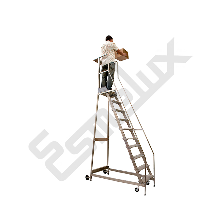 Escalera robusta con plataforma y ruedas ideal para almacenes y cementerios