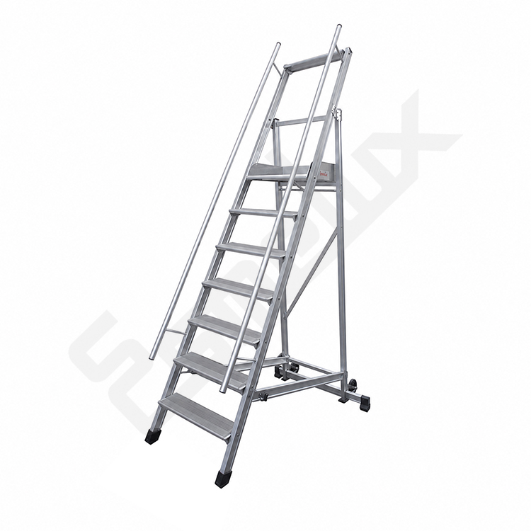 Escalera plegable muy segura con plataforma, barandilla y estabilizadores