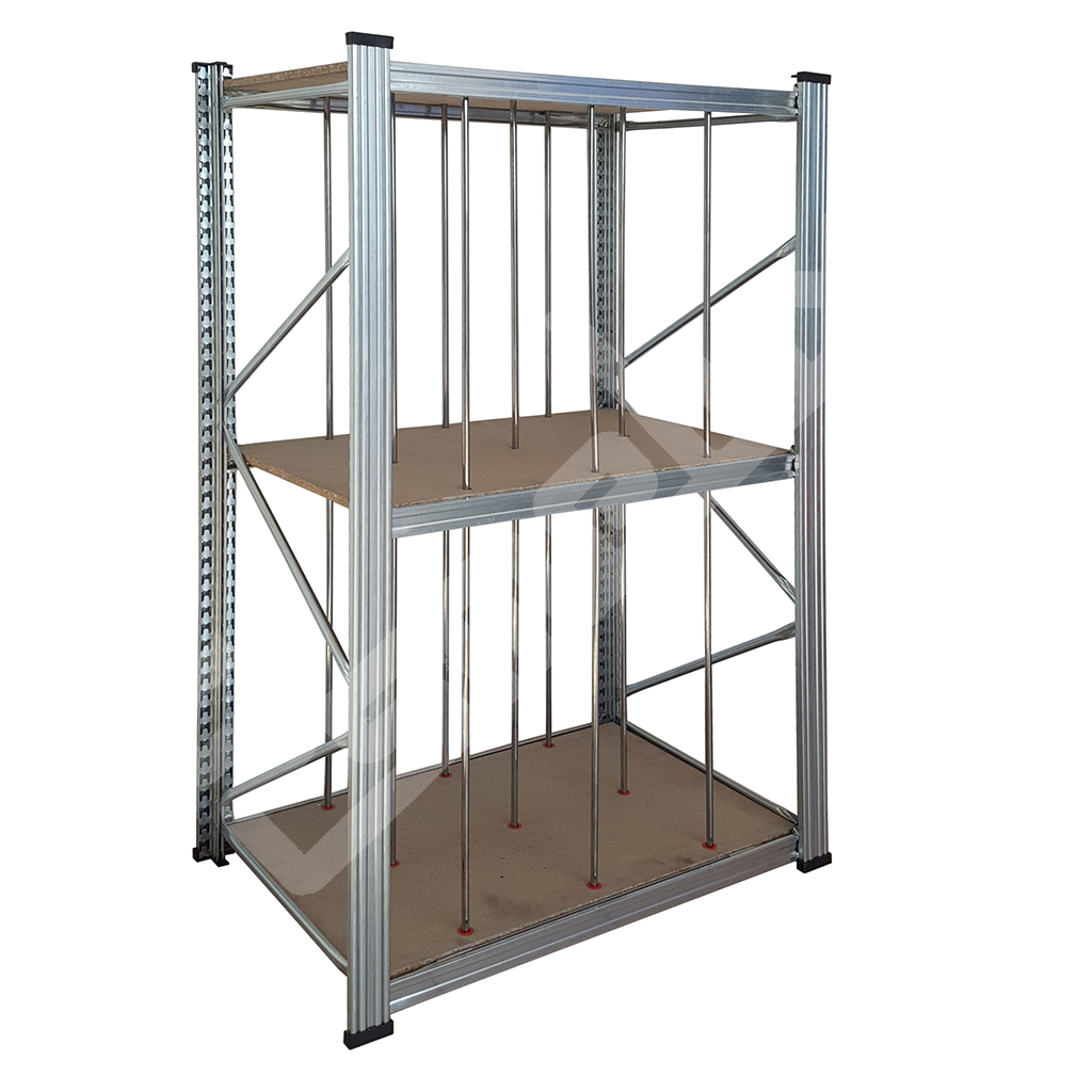 Ref. 11122. Estantería Metálica Galvanizada con estantes de aglomerado y varillas separadoras. Especialmente indicados para mantener separados y ordenados todo tipo de artículos delicados y valiosos.También disponible en 2.000 mm de altura. Estantería modular Separa y Ordena con 3 estantes y 18 varillas separadoras