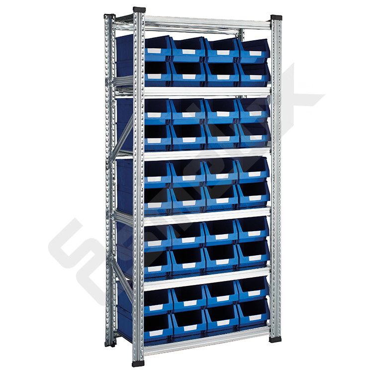 Estanter�a met�lica para organizaci�n de productos con 30 gavetas apilables repartidas en los 5 estantes
