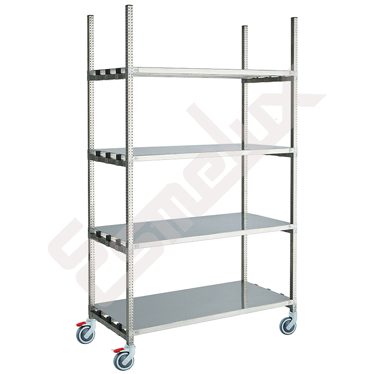 Estantería inox. con estantes lisos y ruedas Carro o estantería de acero inoxidable con 4 estantes lisos
