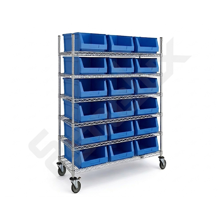 Estanteria de acero cromado con ruedas y gavetas azules n� 56