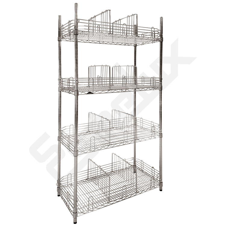 Estanter�a multiusos para clasificaci�n y ordenaci�n de productos con 4 estantes de varilla, cierres laterales y divisores de estantes