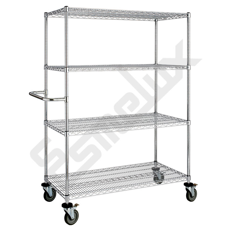 Carro estanter�a cromada con ruedas de 125 mm de di�metro, asa y 4 estantes de varilla