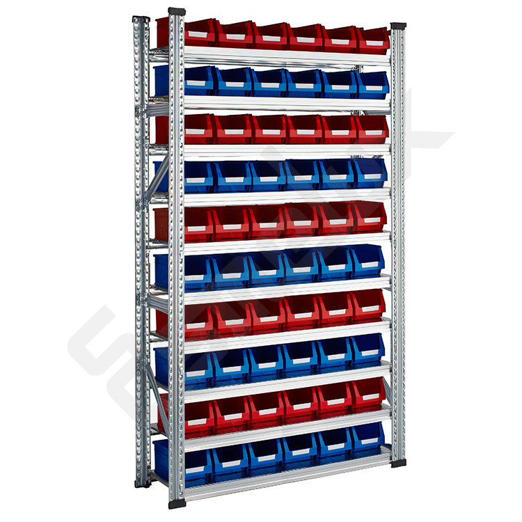 Estanter�a modular con 10 estantes regulables cada 33 mm y 60 cajones de polipropileno de colores