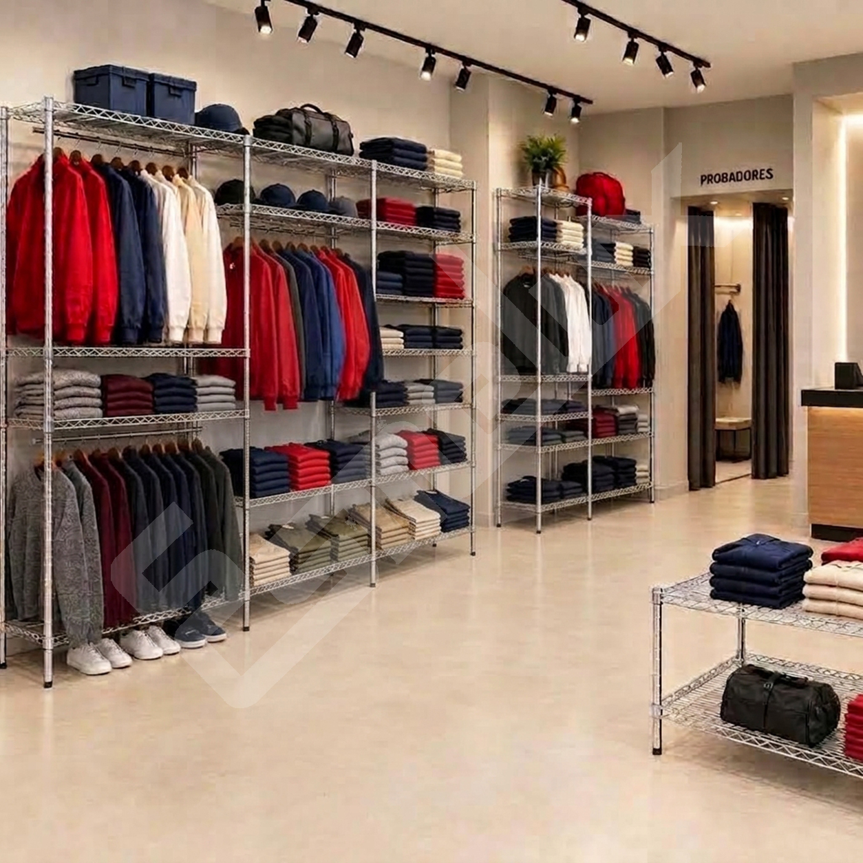 Estanter�as y carro de acero cromado para textil