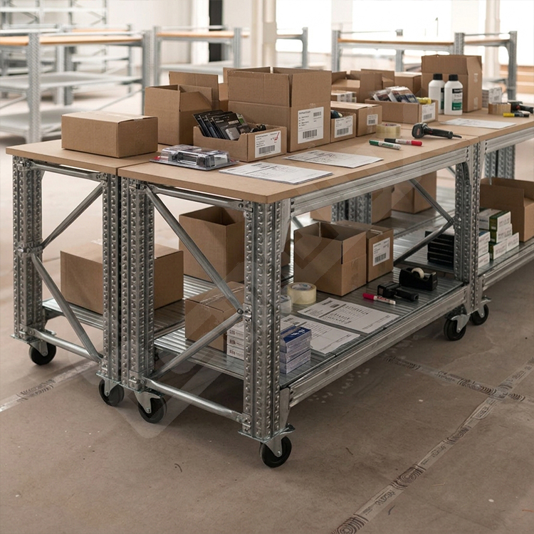 Mesa de trabajo TS con ruedas de 125  y estantes