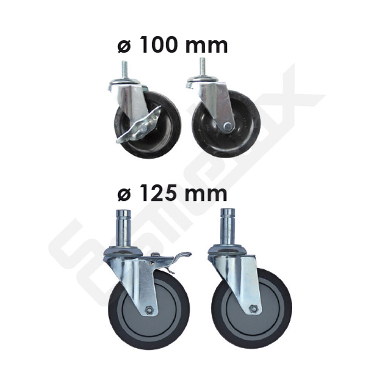 Opciones de ruedas de 100 mm o 125 mm de di�metro para carros de acero cromado