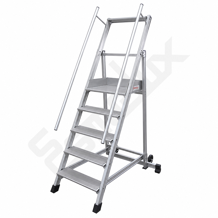 Escalera plegable con 5 pelda�os, plataforma y ruedas en el estabilizador posterior