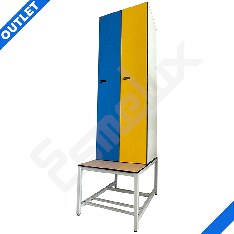 Taquilla fenólica con banco incorporado Taquilla de 2 puertas (azul y amarillo) con banco incorporado