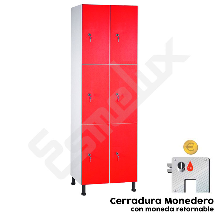 Taquilla 3 x 2 casilleros con puertas fen�licas en rojo y cerradura monedero